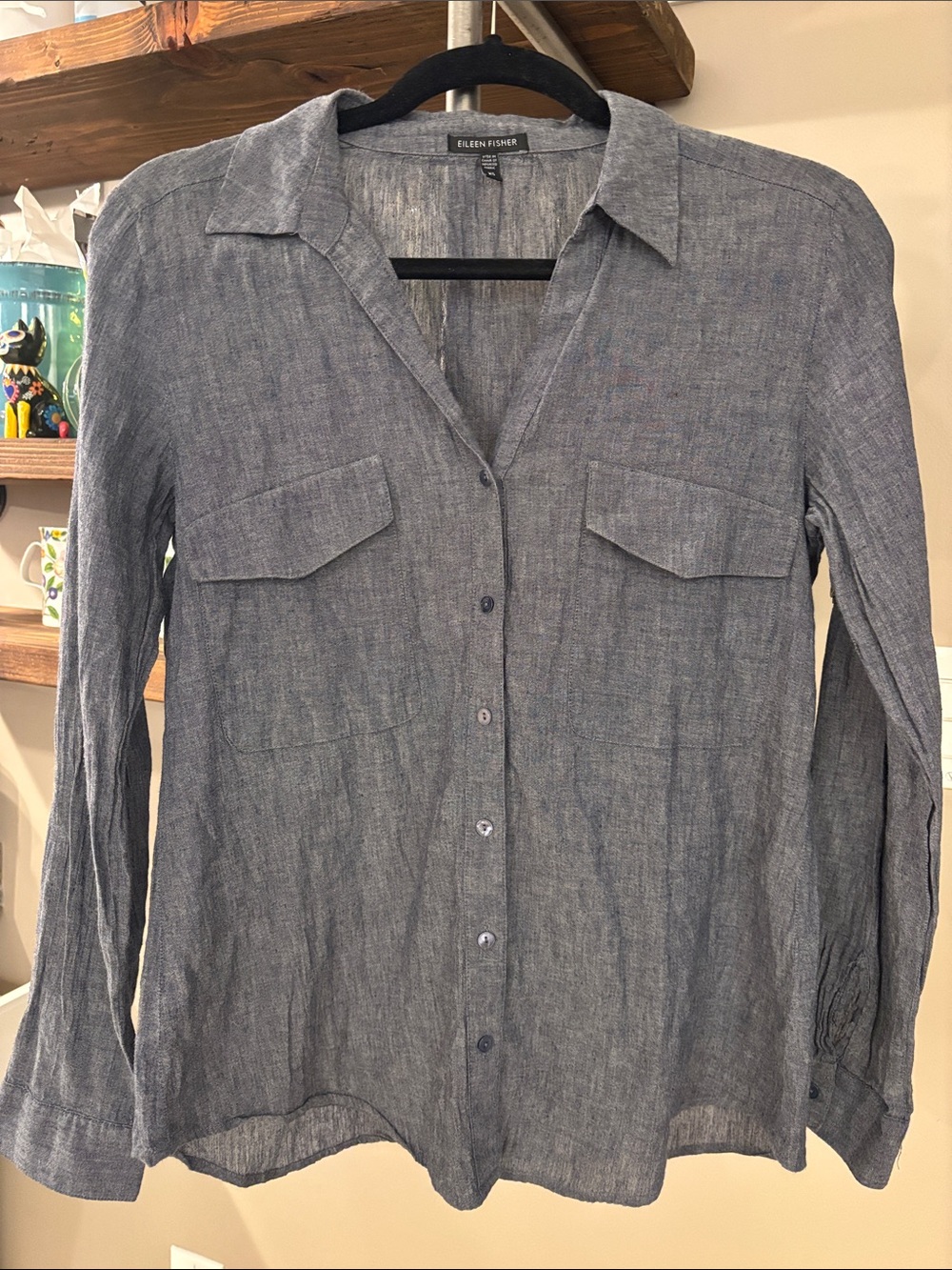 Eileen Fisher Heathered Blue Gray Cotton Linen Blend Button Front Shirt | Sz XS